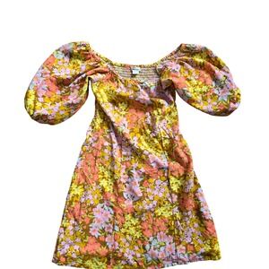 Billabong Floral Smocked Puff Sleeve Mini Dress Women S Boho 70s Indie Festival